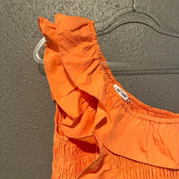 Day + Moon Meredith Smocked One Shoulder Orange Ruffle Dress - Picture 6 of 10